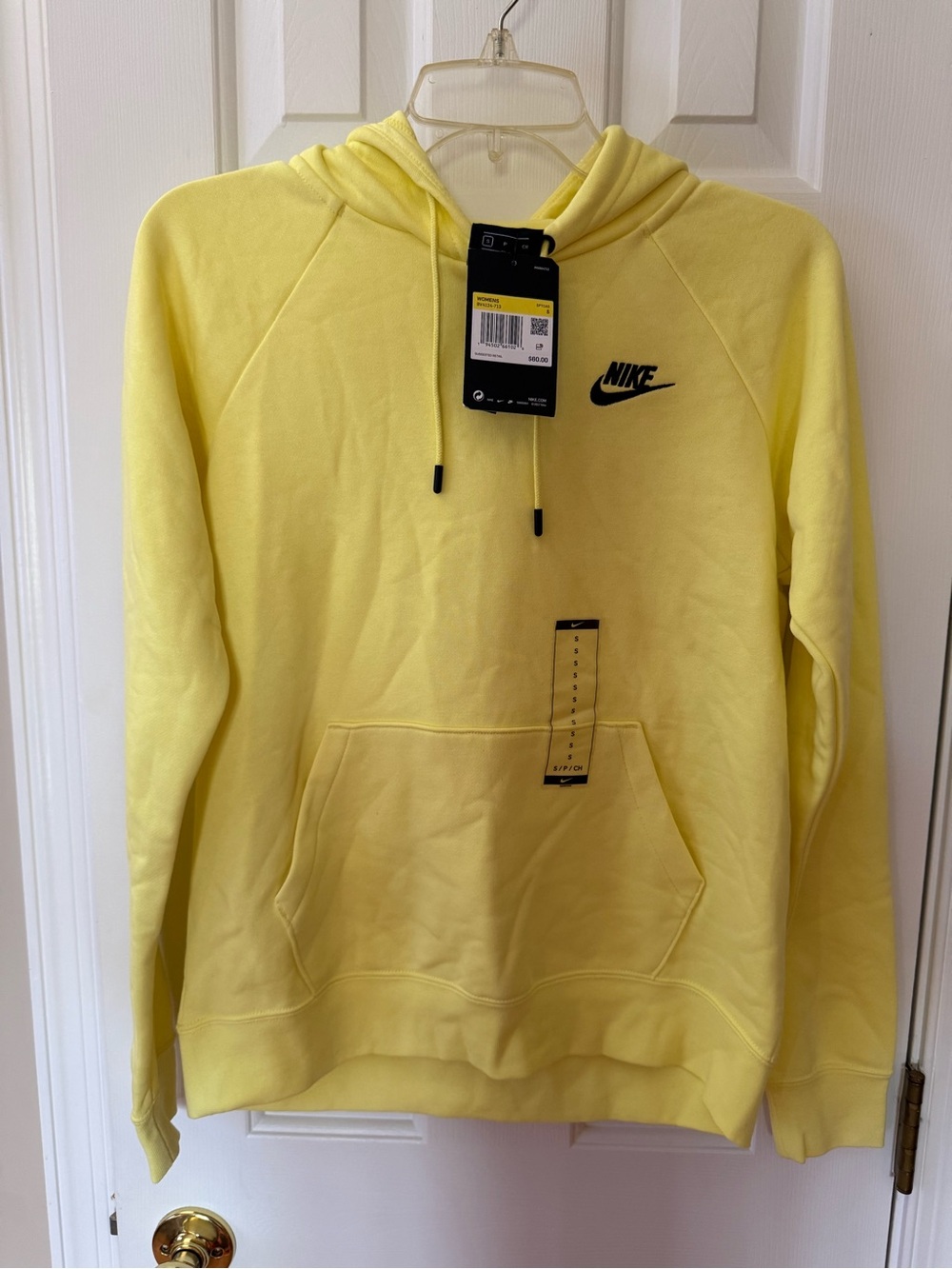 Nike Womenโs Bright Yellow Pullover Hoodie with Black Swoosh